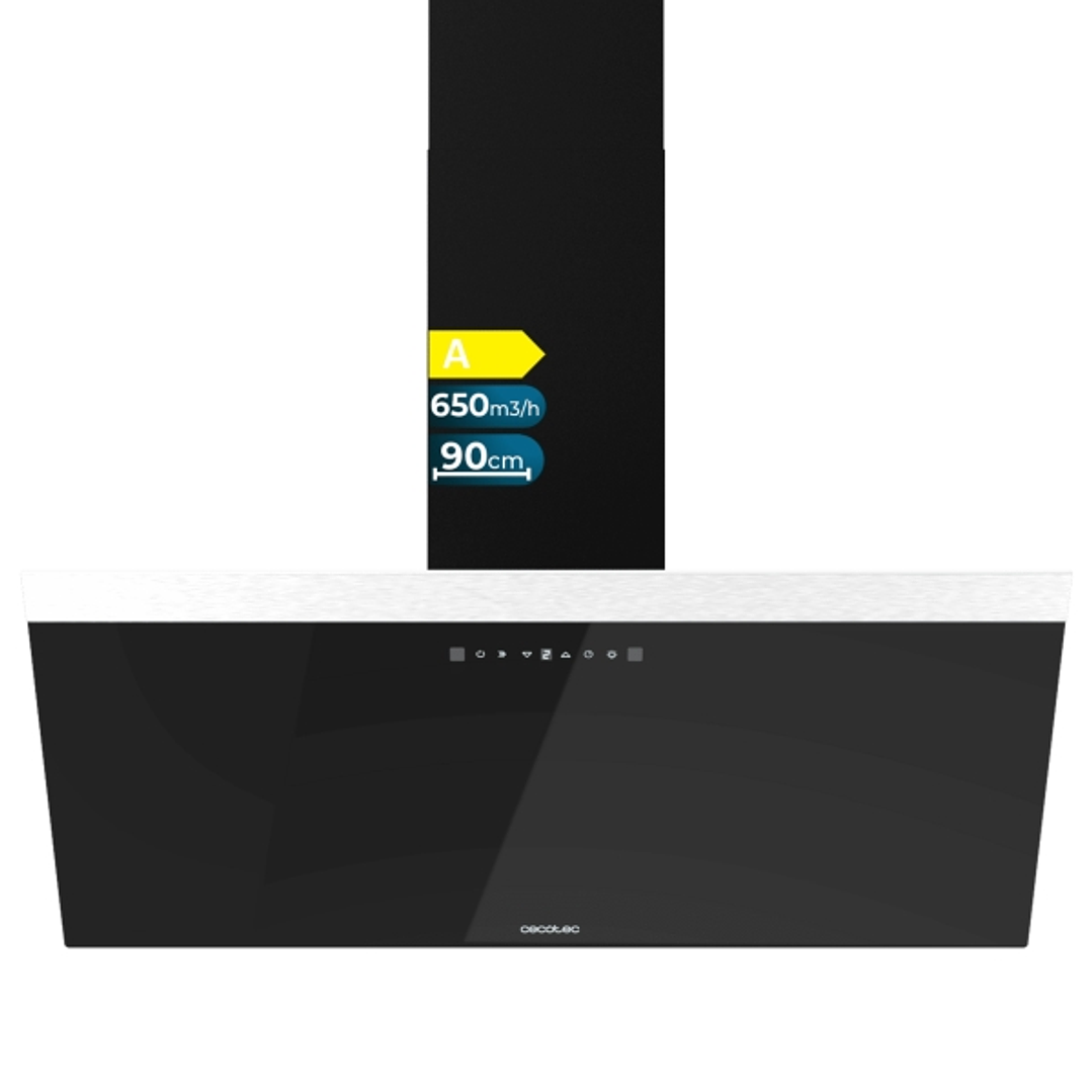Cecotec Bolero Flux DT 906500 Glass Black A Campana Extractora de 90cm - 165W - Succion 650m3/h - Luz LED - Pantalla LED - Incluye Accesorios - Filtro 1