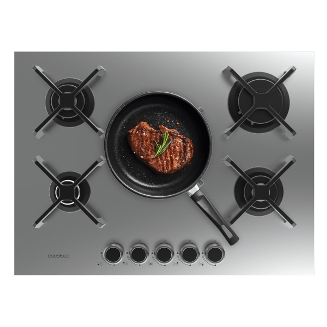 Cecotec Bolero Squad G 5400S Inox Cocina de Gas Encastrable - 5 Quemadores - Acero Inoxidable - 10.4kW - Parrillas de Hierro Fundido - Wok de Triple C 1