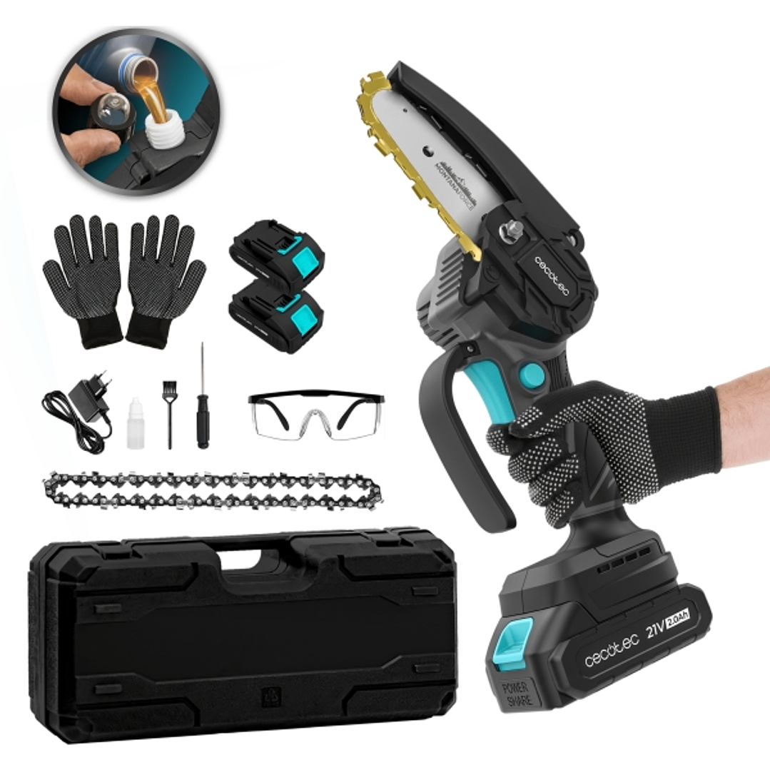 Cecotec MontanaForce 4000 Hand Sierra de Podar Inalambrica - 400W - 2 Baterias 21V 2Ah - Incluye Accesorios - Engrasador de Cadena - Maletin - Color G 1