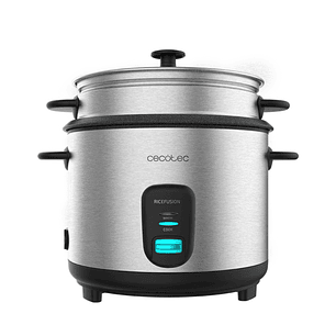 Cecotec Ricefusion 7000 Inox Arrocera - 700W - Capacidad 1.8L - Cubeta Extraible Antiadherente - Acero Inoxidable - Tapa de Cristal - Cuchara - Color 