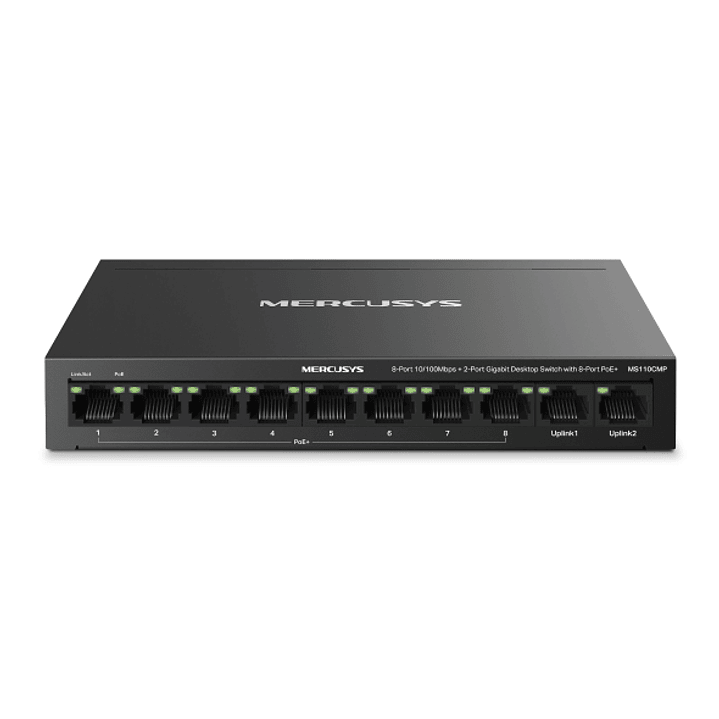 Mercusys MS110CMP Swtich 10 Puertos RJ45 - 8 Puertos 10/100Mbps PoE+ - 2 Puertos Gigabit - Hasta 250 Metros de Alcance - Color Negro 1
