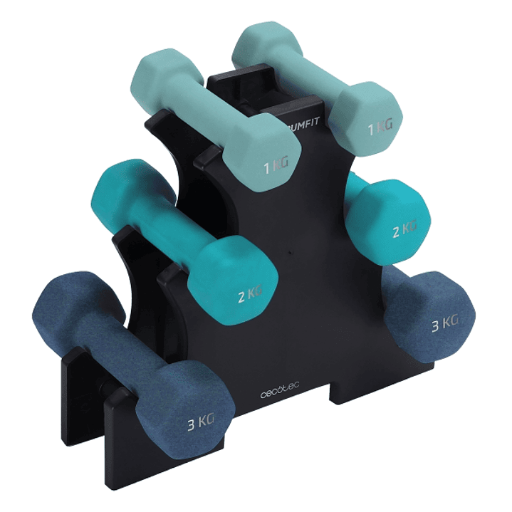 Cecotec DrumFit Dumbbell 123 Neoprene Set Set de Mancuernas de 1, 2 y 3kg - Soporte Incluido - Antideslizante - Hexagonales - Recubrimiento de Neopren 1