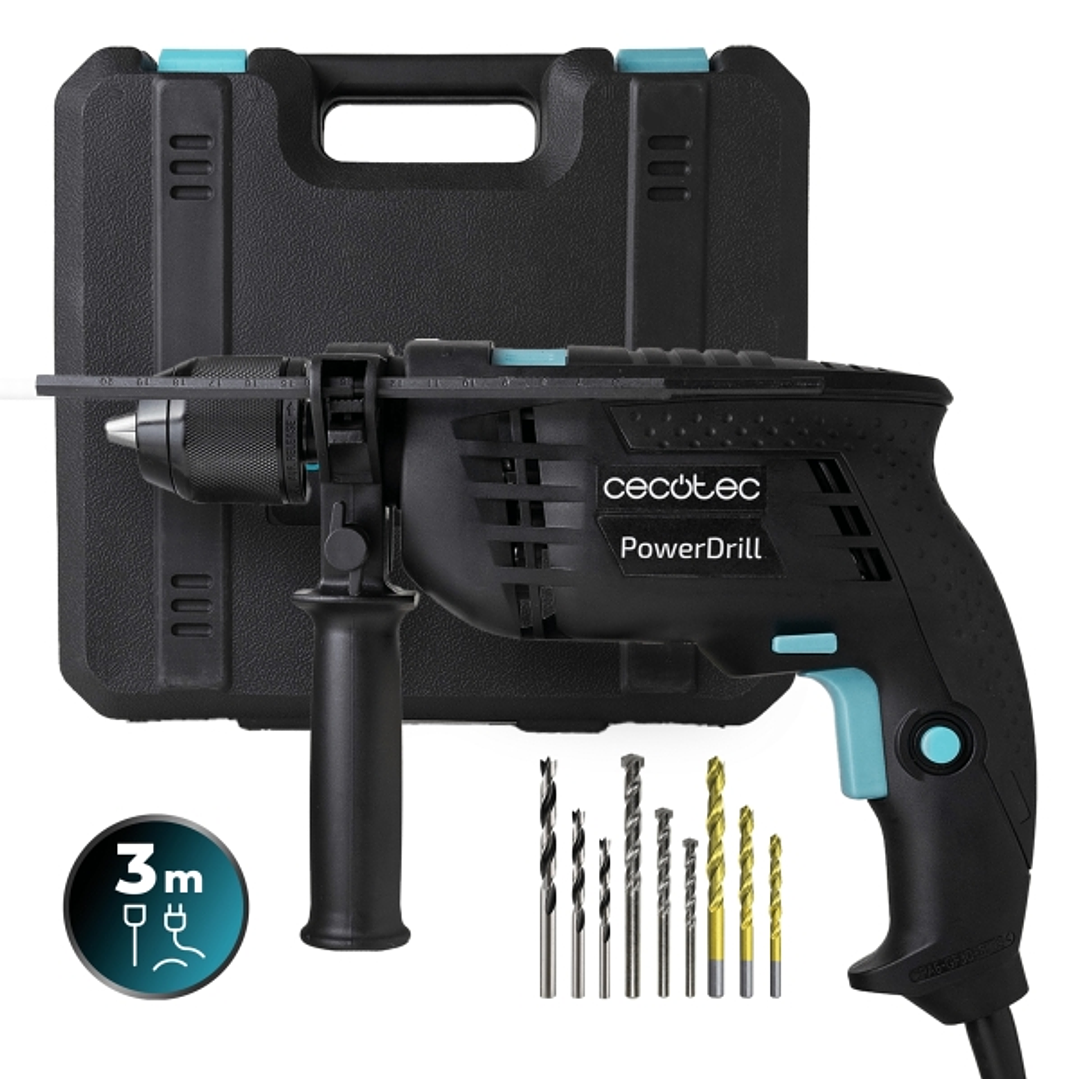 Cecotec PowerDrill 850 Keyless Taladro Percutor - 850W - 4800rpm - Portabrocas 13mm sin Llave - Percutor 46.000Ipm - Accesorios Incluidos - Cable 3m - 1