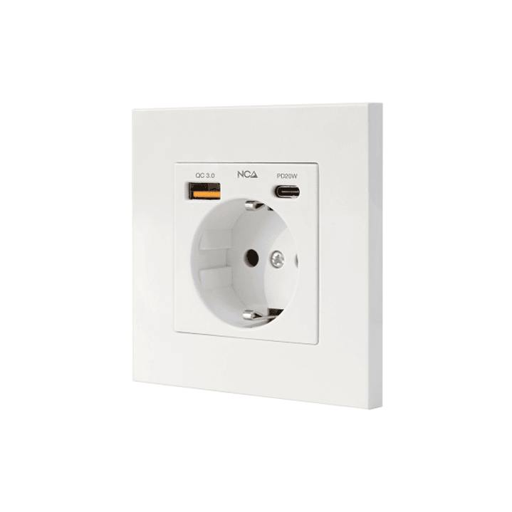 Nanocable Roseta Base de Enchufe de Pared Empotrable Tipo Schuko - 1xUSB-A QC 3.0, 1xUSB-C PD - 3.4A - Color Blanco 1