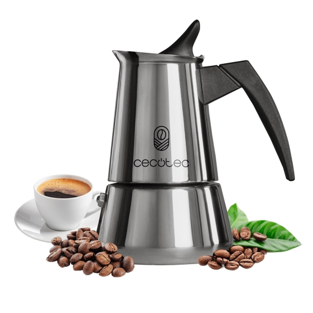 Cecotec Piccolina 400 Cafetera Italiana para 4 Tazas - Capacidad 200ml - Apta para Todo Tipo de Cocinas - Mango Ergonomico y Termoresistente - Acero I 1