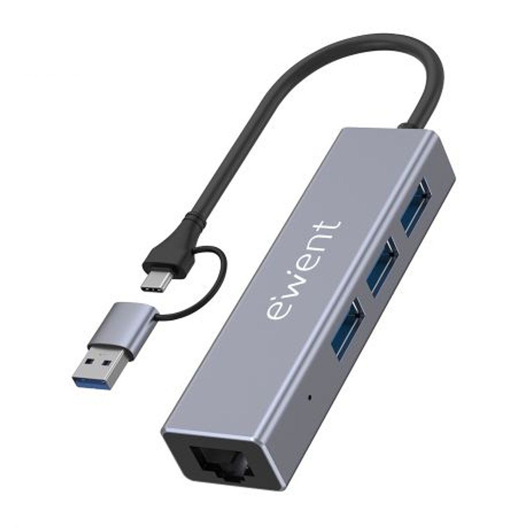 Ewent Adaptador de Red USB-C + USB-A/M 3.2 Gen1 a Ethernet Gigabit 10/100/1000 Mbps + Hub 3xUSB-A 3.2 Gen1 - 15 cm - Color Gris 1