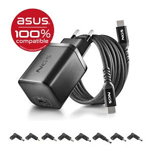 NGS BUD65W-AS Cargador GaN 65W para Portatiles ASUS - USB C Power Delivery y PPS - 8 Conectores DC Incluidos - Cable USB C 1.5 m 60W - Diseno Ultrapor
