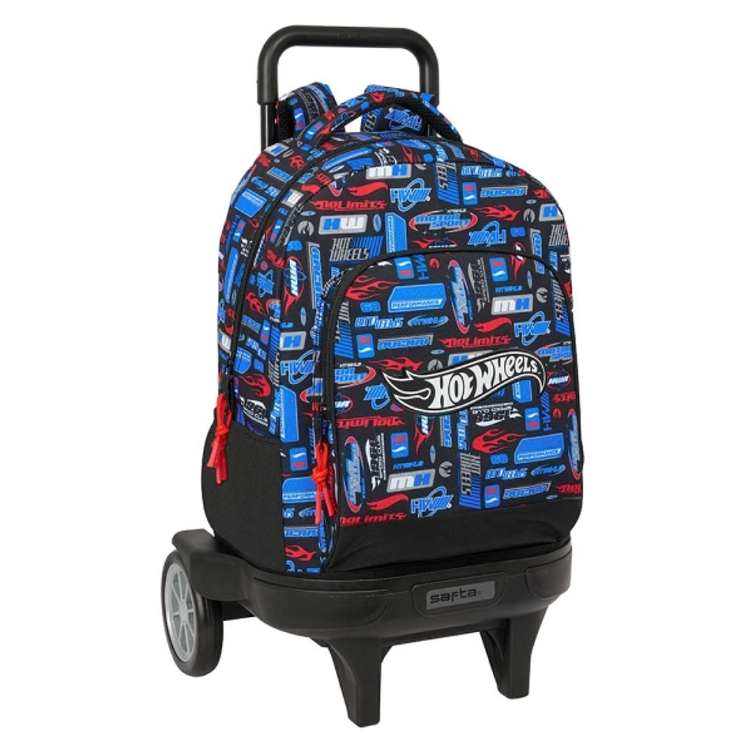 Safta Hot Wheels Mochila con Carro - Extraible - Bolsillo Frontal - Ruedas Antivibracion - Espalda y Asa Acolchada - Tarjeta ID - Bandeja PVC Interior 1