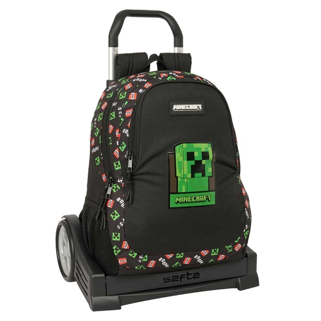 Safta Minecraft Mochila con Carro - Portabotellas - Dos Compartimentos Grandes - Tirador Doble - Hombreras y Espalda Acolchadas - Asa de Mano - Mochil 1