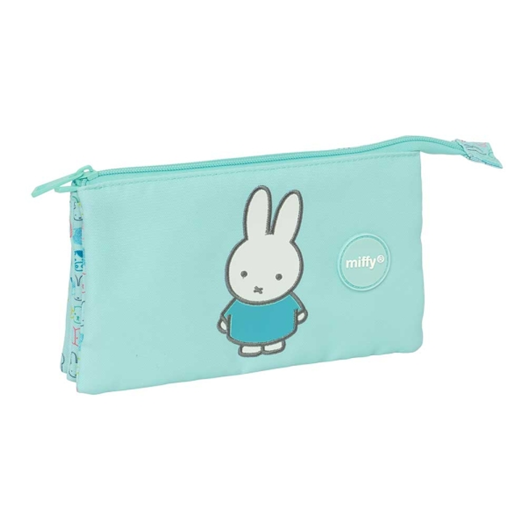 Safta Miffy Friends Portatodo - 3 Compartimentos con Cremalleras - Bolsillo Interior - Resistente al Agua - Material Reciclado - 0.6L - 220x30x120mm - 1