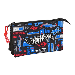Safta Hot Wheels Portatodo - 3 Compartimentos con Cremalleras - Bolsillo Interior - 0.6L - 220x30x120mm - Color Azul
