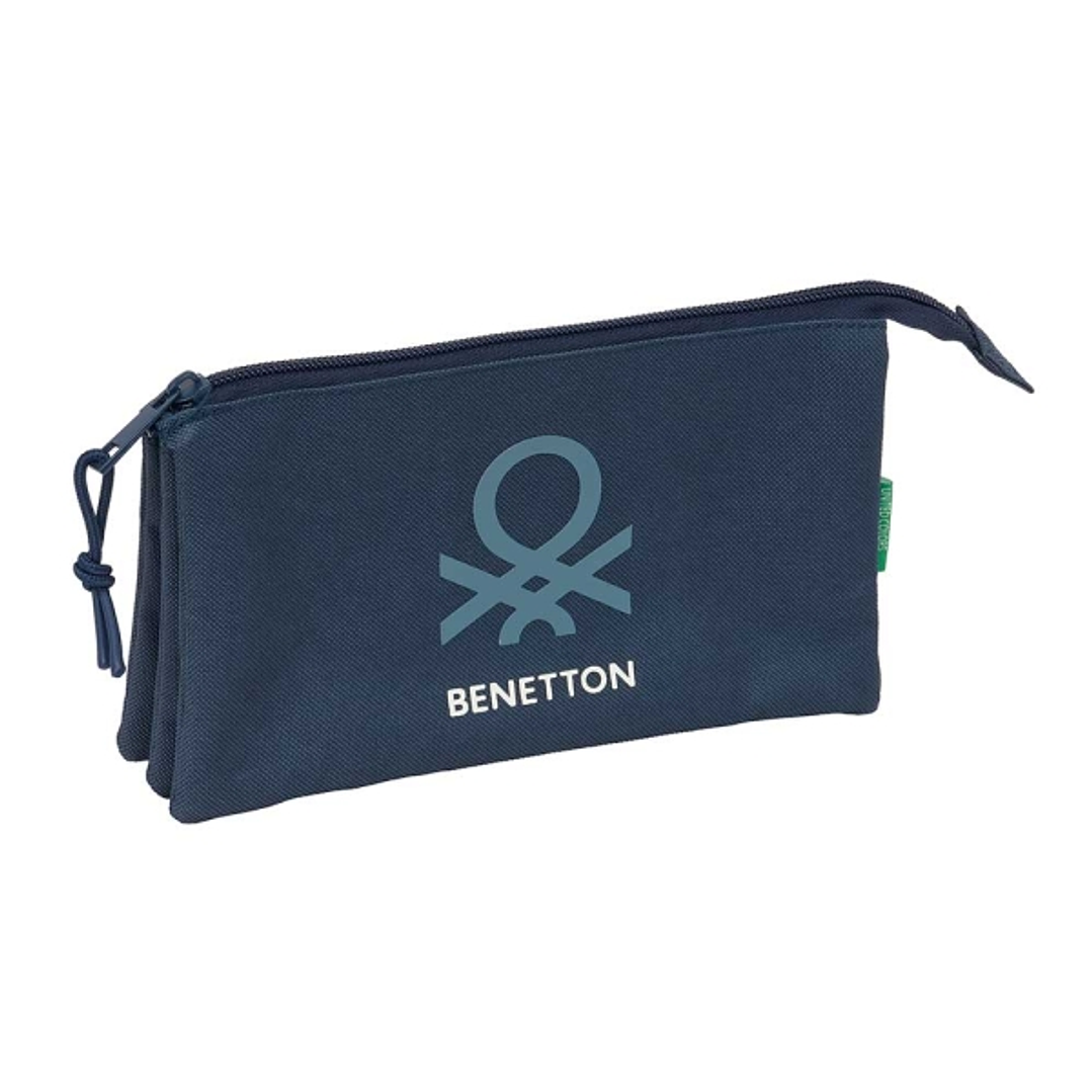 Safta Benetton Basics Antracita Portatodo - 3 Compartimentos con Cremalleras - Bolsillo Interior - 0.6L - 220x30x120mm - Color Azul Marino 1