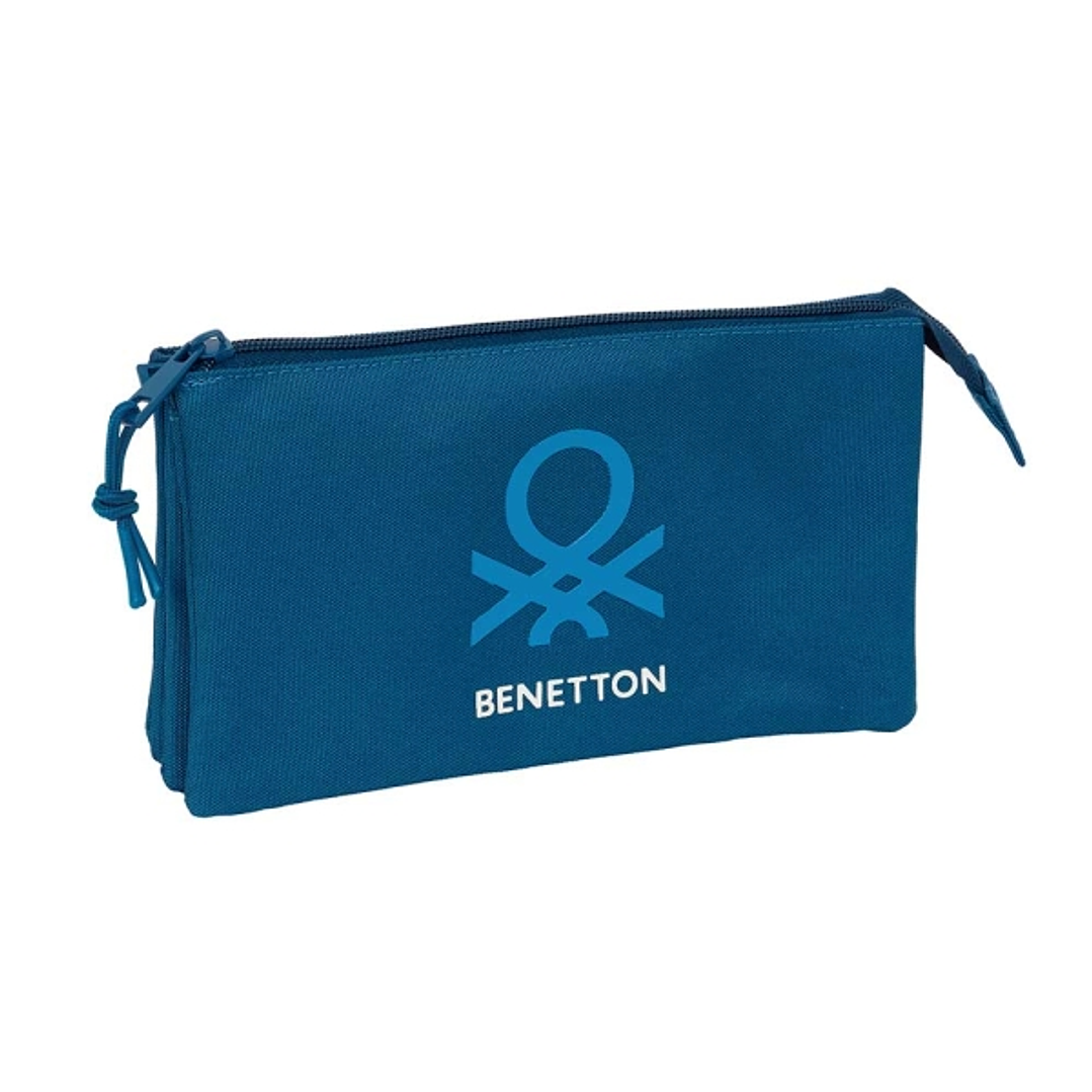 Safta Benetton Basics Marino Portatodo - 3 Compartimentos con Cremalleras - Bolsillo Interior - 0.6L - 220x30x120mm - Color Azul Oscuro 1