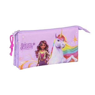Safta Unicorn Academy Portatodo - 3 Compartimentos con Cremalleras - Bolsillo Interior - 0.6L - 220x30x120mm - Color Rosa