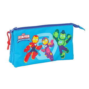 Safta Iron Man Portatodo - 3 Compartimentos con Cremalleras - Bolsillo Interior - 0.60L - 220x30x120mm - Color Azul