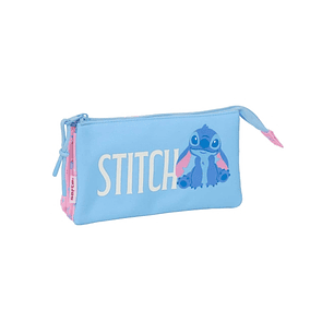 Safta Stitch Bright Portatodo - 3 Compartimentos con Cremalleras - Bolsillo Interior - 0.6L - 220x30x120mm - Color Azul