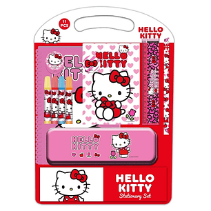 Safta Hello Kitty Iconic Pack Escolar con Plumier Metalico - Lapiz - 4 Rotuladores - Regla 15cm - Sacapuntas - Goma - Libreta A4 - Bloc de Notas A6 - 