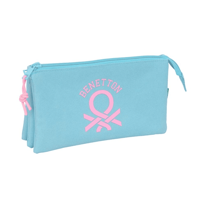 Safta Benetton Basics Celeste Portatodo - 3 Compartimentos con Cremalleras - Bolsillo Interior - 0.6L - 220x30x120mm - Color Azul Claro 1