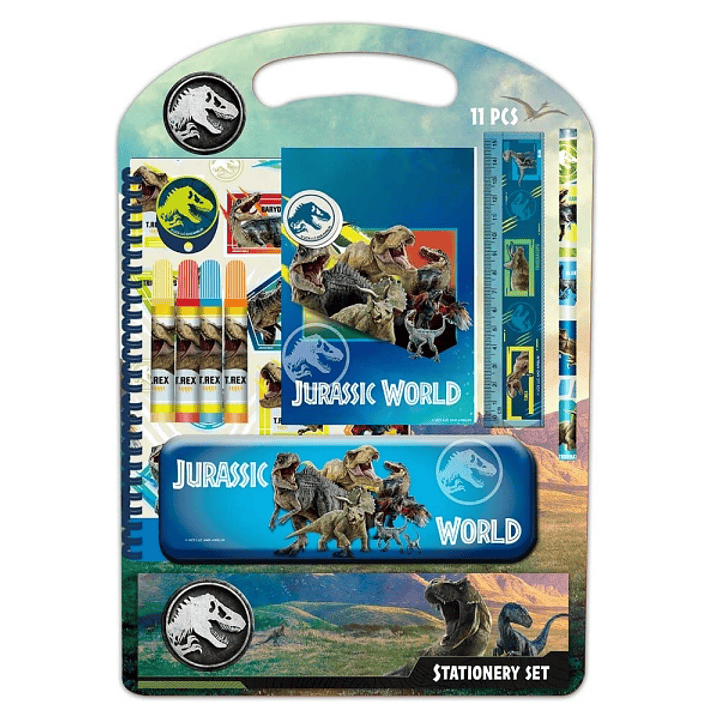 Safta Jurassic World Pack Escolar con Plumier Metalico - Lapiz - 4 Rotuladores - Regla 15cm - Sacapuntas - Goma - Libreta A4 - Bloc de Notas A6 - 270x 1