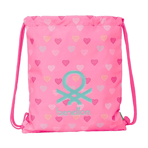 Safta Benetton Heart Saco Plano - Bolsillo con Cremallera - Cierre con Cordones - 5L - Ligero y Portatil - 350x10x400mm - Color Rosa