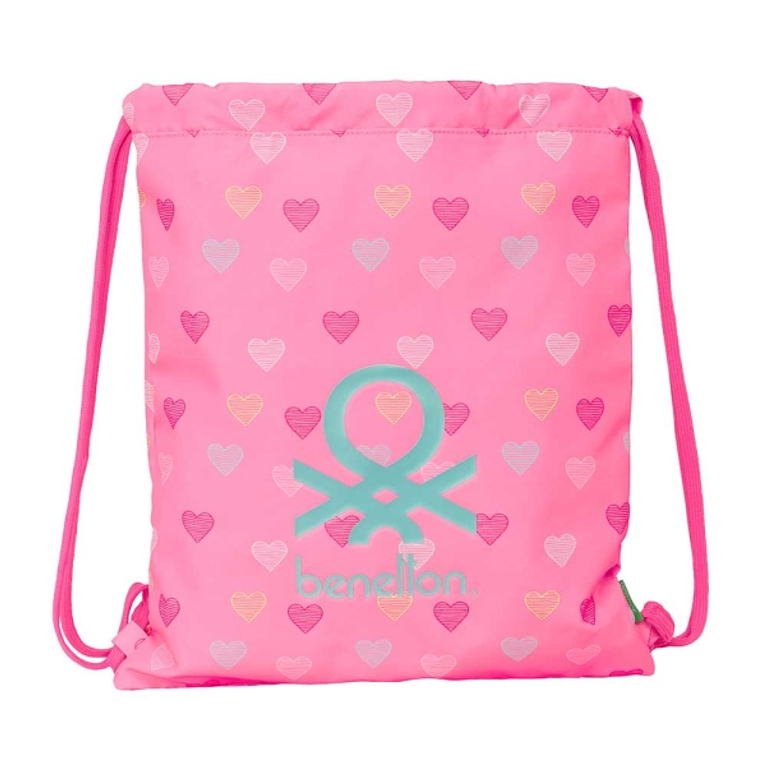 Safta Benetton Heart Saco Plano - Bolsillo con Cremallera - Cierre con Cordones - 5L - Ligero y Portatil - 350x10x400mm - Color Rosa 1