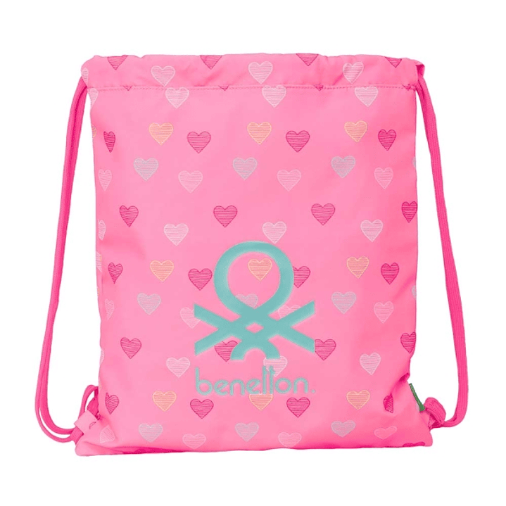 Safta Benetton Heart Saco Plano - Bolsillo con Cremallera - Cierre con Cordones - 5L - Ligero y Portatil - 350x10x400mm - Color Rosa 1