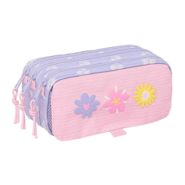 Safta Bouquet Portatodo - 3 Compartimentos con Cremalleras - Bolsillo Frontal - Cinta Adaptable - 1.72L - 215x80x100mm - Color Rosa Pastel 1