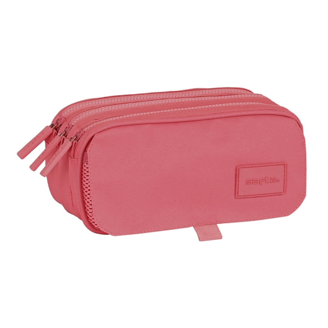 Safta Basic Portatodo - 3 Compartimentos con Cremalleras - Bolsillo Frontal - Cinta Adaptable - 1.72L - 215x80x100mm - Color Rosa 1