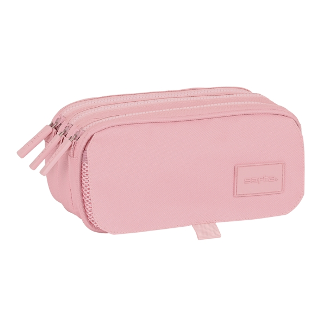 Safta Basic Portatodo - 3 Compartimentos con Cremalleras - Bolsillo Frontal - Cinta Adaptable - 1.72L - 215x80x100mm - Color Rosa 1
