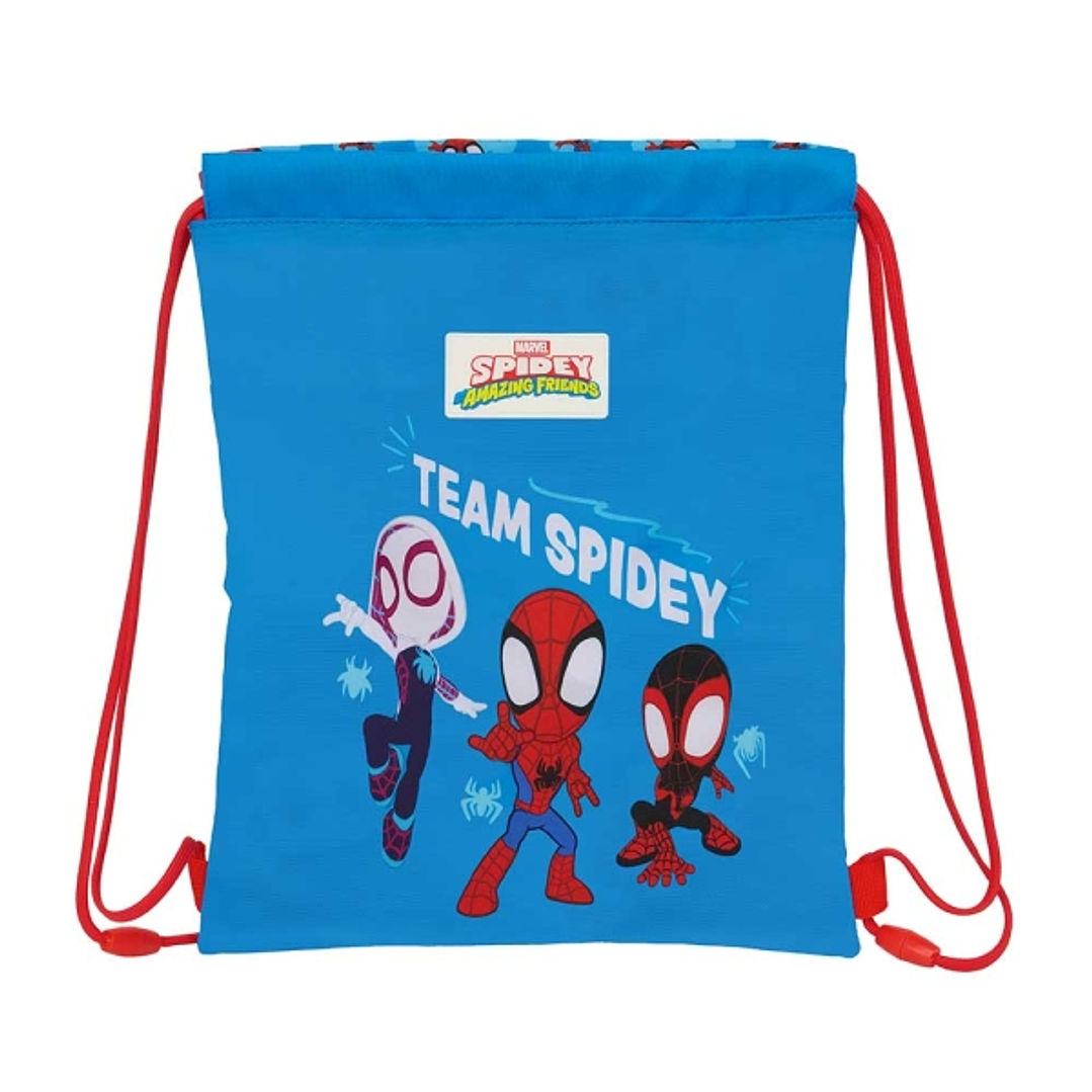 Safta Spidey Saco Plano - Bolsillo con Cremallera - Cierre con Cordones - 3L - 260x10x340mm - Color Rojo y Azul 1