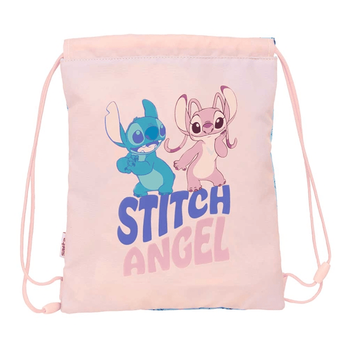 Safta Stitch Ohana Saco Plano - Bolsillo con Cremallera - Cierre con Cordones - 3L - 260x10x340mm - Color Rosa Pastel 1