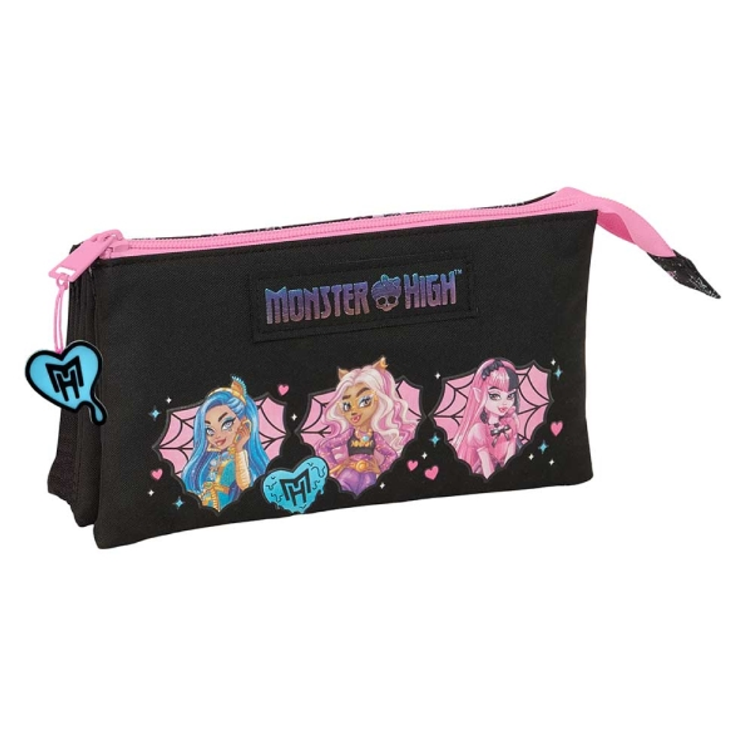 Safta Monster High Portatodo - 3 Compartimentos con Cremalleras - Bolsillo Interior - 0.60L - 220x30x120mm - Color Negro 1