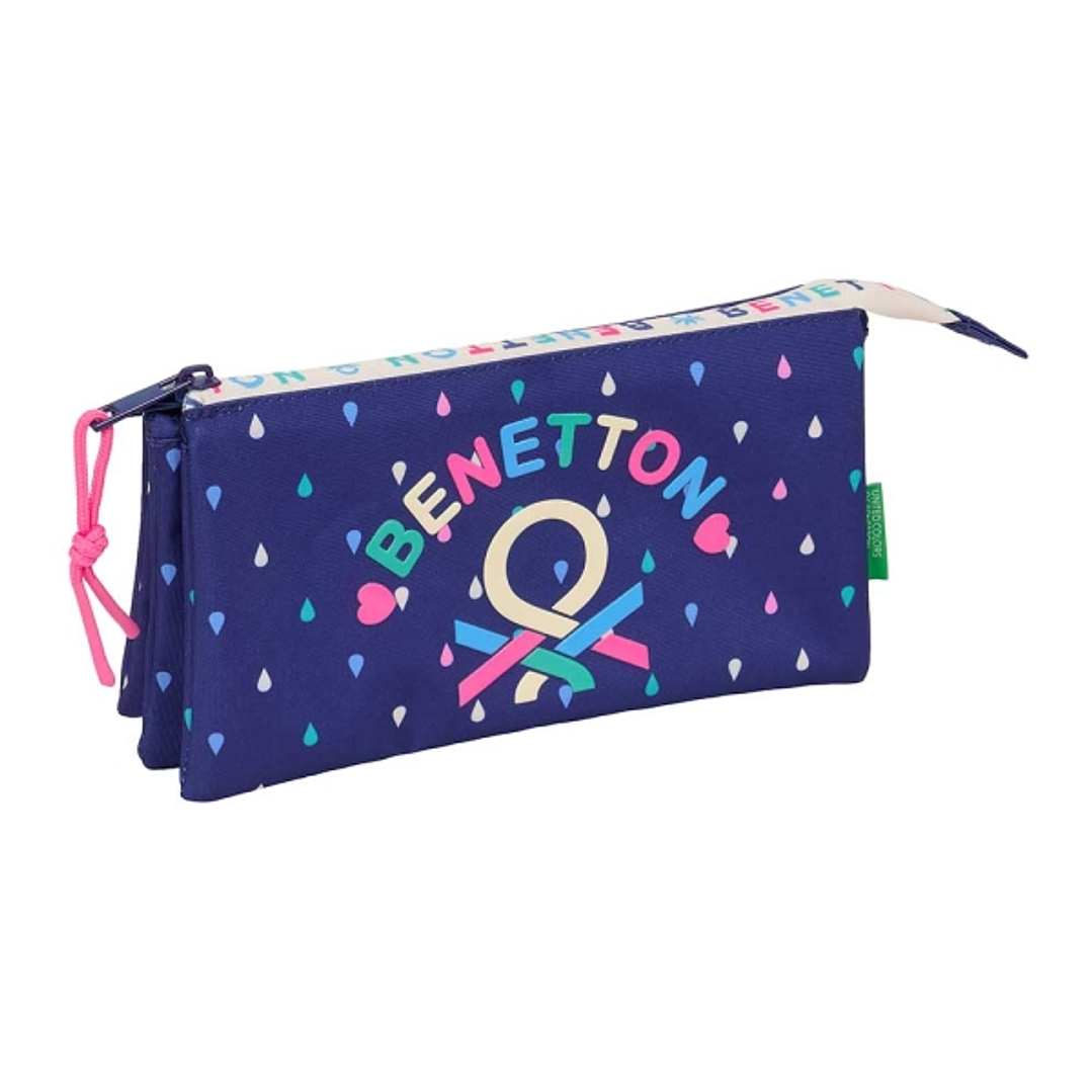 Safta Benetton Drop Portatodo - 3 Compartimentos con Cremalleras - Bolsillo Interior - 0.6L - 220x30x120mm - Color Azul Oscuro 1