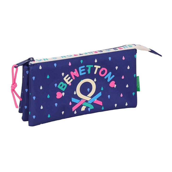 Safta Benetton Drop Portatodo - 3 Compartimentos con Cremalleras - Bolsillo Interior - 0.6L - 220x30x120mm - Color Azul Oscuro 1