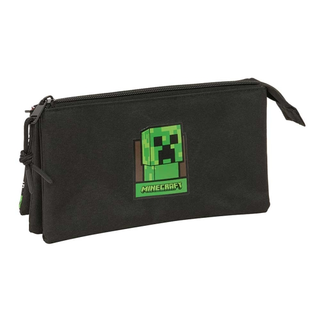 Safta Minecraft Portatodo - 3 Compartimentos con Cremalleras - Bolsillo Interior - 0.6L - 220x30x120mm - Color Negro 1