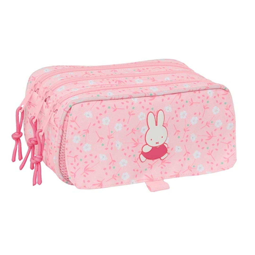 Safta Miffy Flores Portatodo - 3 Compartimentos con Cremalleras - Bolsillo Frontal - Cinta Adaptable - 1.72L - 215x80x100mm - Color Rosa 1
