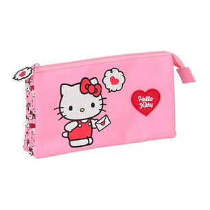 Safta Hello Kitty Portatodo - 3 Compartimentos con Cremalleras - Bolsillo Interior - 0.6L - 220x30x120mm - Color Rosa