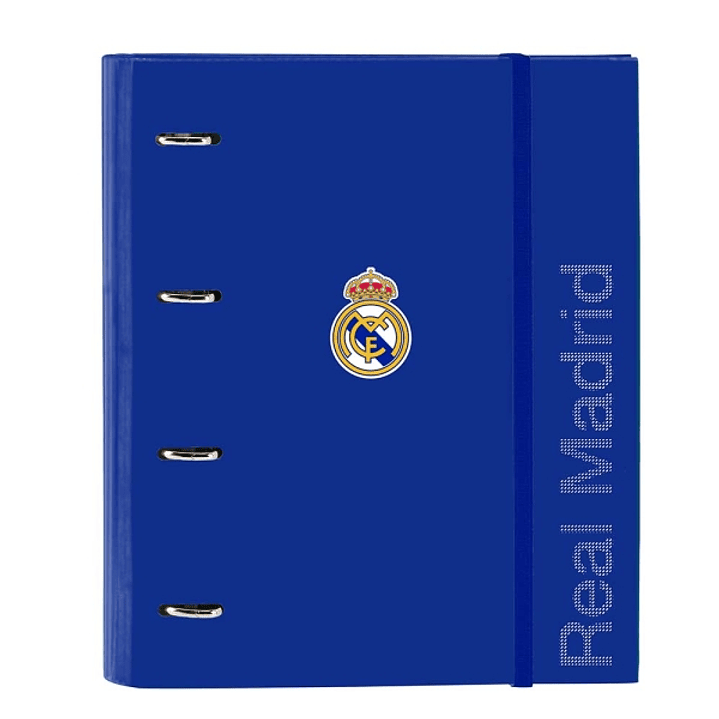 Safta Real Madrid Carpeta con 4 Anillas 35mm - Tapas Duras Forradas - Recambio 100 Hojas - Cuadriculas 5x5mm - Cierre Elastico - Incluye Separadores - 1