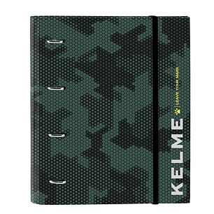 Safta Kelme Camo Carpeta con 4 Anillas 35mm - Tapas Duras Forradas - Recambio 100 Hojas - Cuadriculas 5x5mm - Cierre Elastico - Separadores Internos -