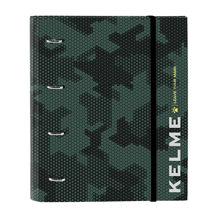 Safta Kelme Camo Carpeta con 4 Anillas 35mm - Tapas Duras Forradas - Recambio 100 Hojas - Cuadriculas 5x5mm - Cierre Elastico - Separadores Internos - 1