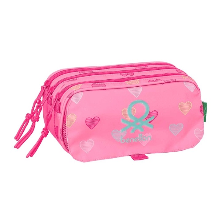 Safta Benetton Heart Portatodo - 3 Compartimentos con Cremalleras - Bolsillo Frontal - Cinta Adaptable - 1.72L - 215x80x100mm - Color Rosa 1