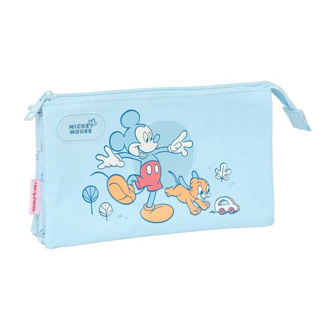 Safta Mickey Mouse Baby Portatodo - 3 Compartimentos con Cremalleras - Bolsillo Interior - 0.6L - 220x30x120mm - Color Azul Claro 1
