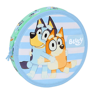 Safta Bluey Sisters Plumier Redondo - 18 Piezas - Cremallera - Goma - Lapiz - 6 Colores - 8 Rotuladores - Sacapuntas - 210x35mm - Color Azul