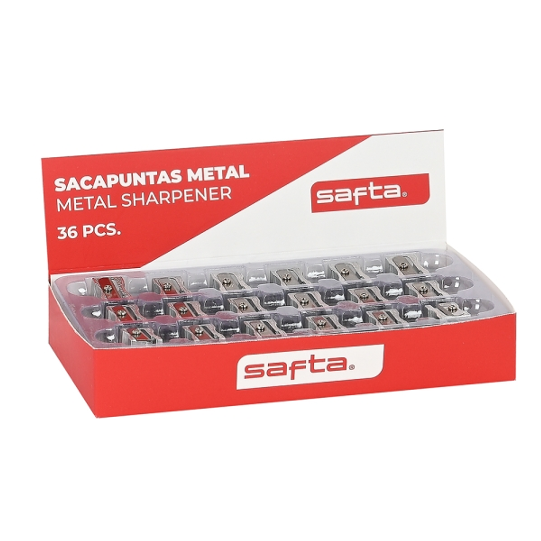 Safta Expositor con 36 Sacapuntas de Metal - Cuchilla de Alta Calidad - Agarre Ergonomico - Color Aluminio 1
