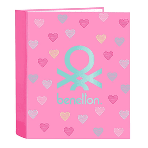 Safta Benetton Heart Carpeta con 4 Anillas 40mm - Tapas Duras Forradas - Formato Folio - 270x60x330mm - Color Rosa