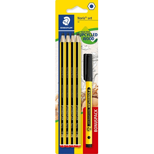Staedtler Noris 120 Pack con 8 Lapices de Grafito Hexagonales HB + 1 Fineliner Noris Writing Pen 307 Negro - Resistencia a la Rotura - Madera de Bosqu