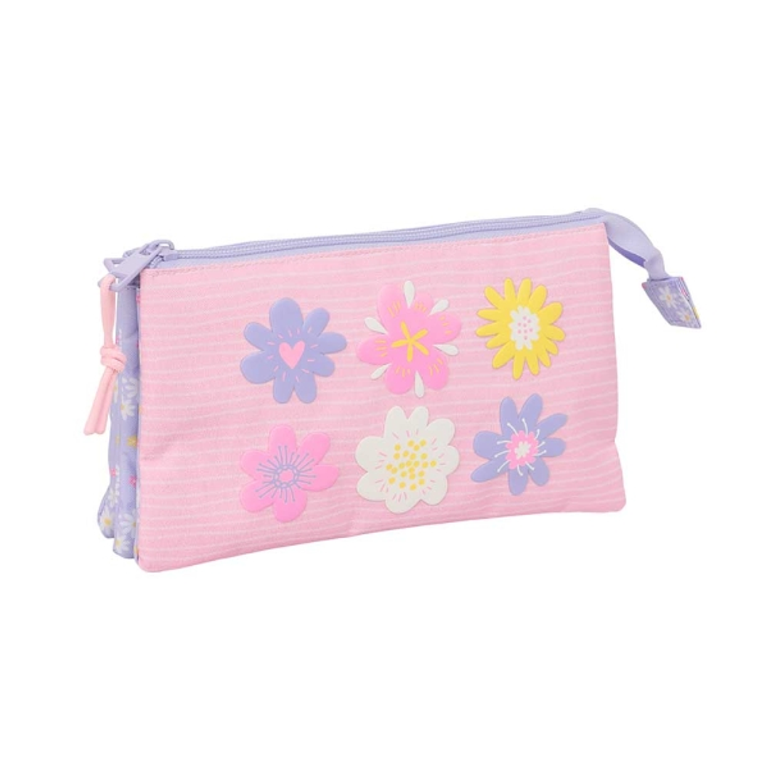Safta Bouquet Portatodo - 3 Compartimentos con Cremalleras - Bolsillo Interior - 0.6L - 220x30x120mm - Color Rosa Pastel 1