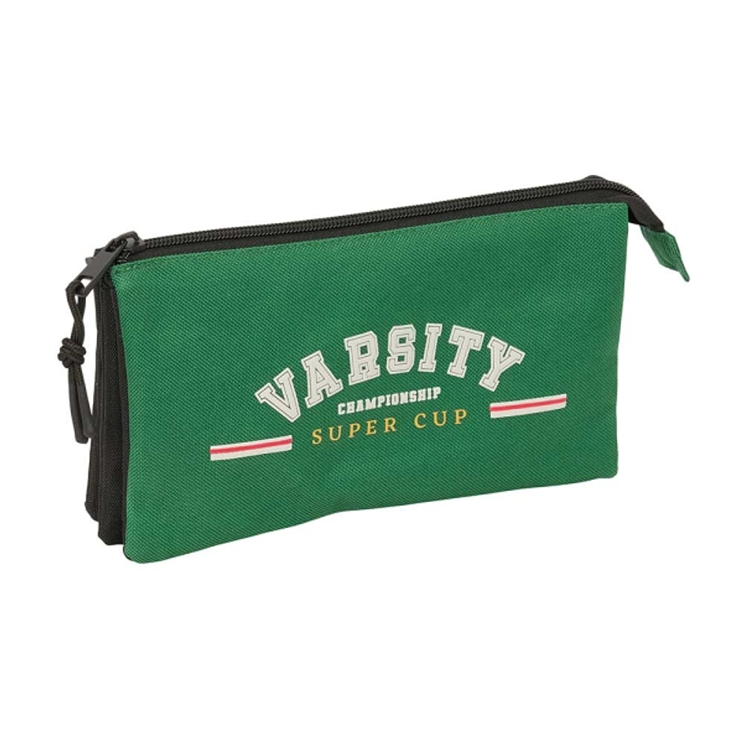 Safta Blackfit8 Varsity Portatodo - 3 Compartimentos con Cremalleras - Bolsillo Interior - 0.6L - 220x30x120mm - Color Negro y Verde 1