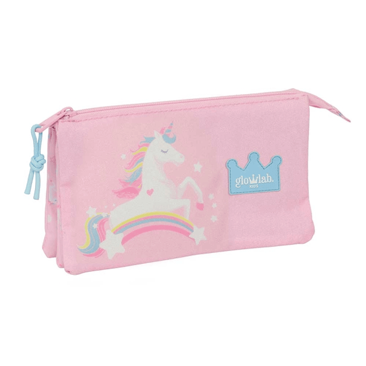 Safta Glowlab Kids Portatodo - 3 Compartimentos con Cremalleras - Bolsillo Interior - 0.6L - 220x30x120mm - Color Rosa 1