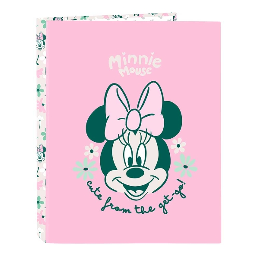 Safta Minnie Mouse Minty Carpeta con 4 Anillas 25mm - Tapas Duras Forradas - Formato Folio - Resistente y Elegante - 265x40x330mm - Color Rosa Pastel 1